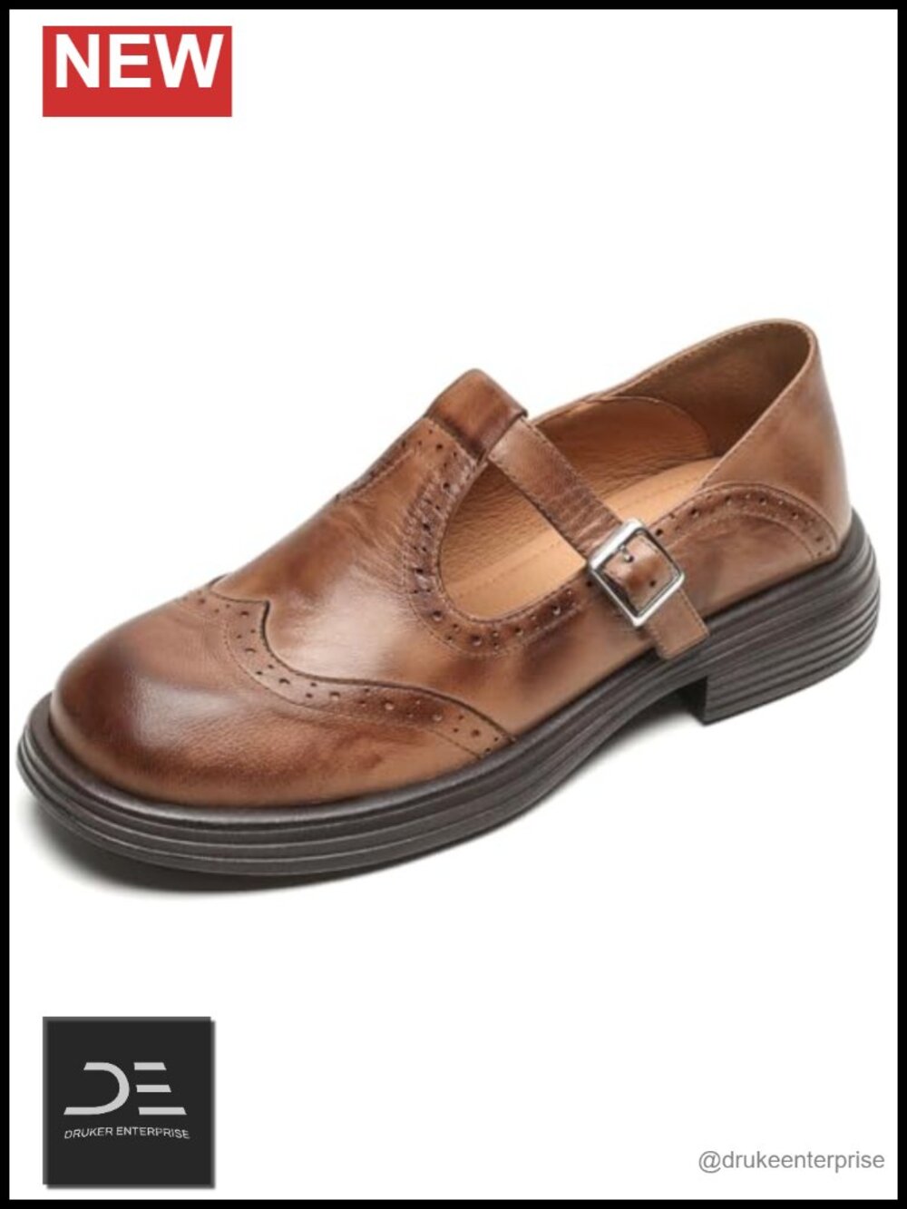 Retro T-Strap Brogue Oxfords Low Heel Sheepskin Leather Women's Shoes